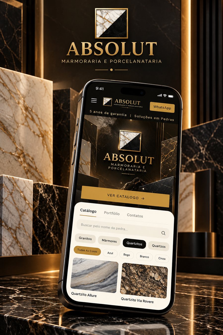 Catálogo digital Absolut no celular — mármores, granitos e quartzitos